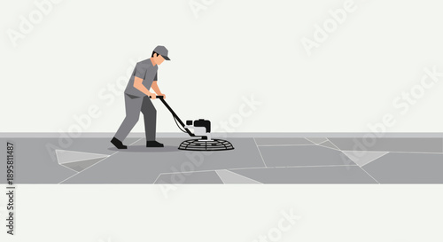 Construction Worker Polishing Concrete Floor With Power Trowel Machine