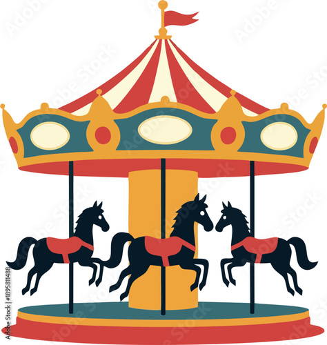 Vibrant red-yellow merry-go-round carousel with black horses, gold accents, and striped canopy