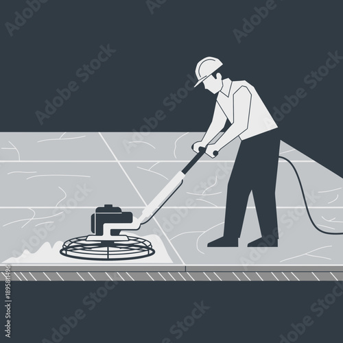 Construction Worker Polishing Concrete Floor With Rotary Polisher Machine