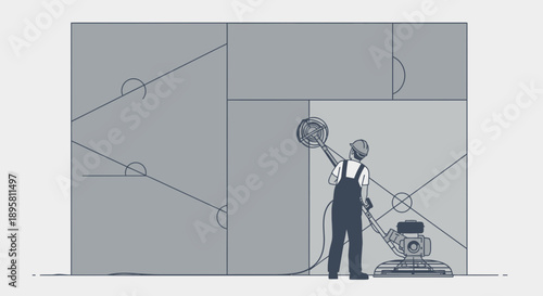 Construction Worker Polishing Concrete Surface With Grinding Machine And Geometric Patterns
