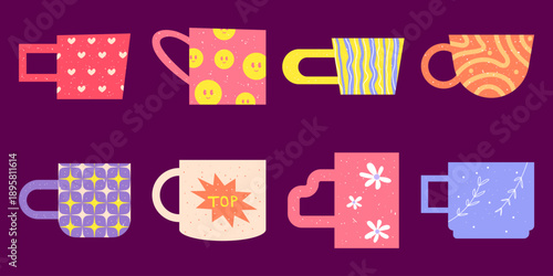 Set of Eight Funky Groovy Illustrated Coffee Mugs