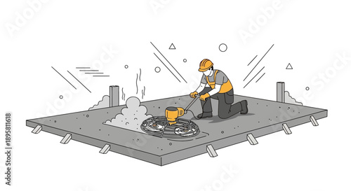Construction Worker Polishing Fresh Concrete Slab With Power Trowel Machine