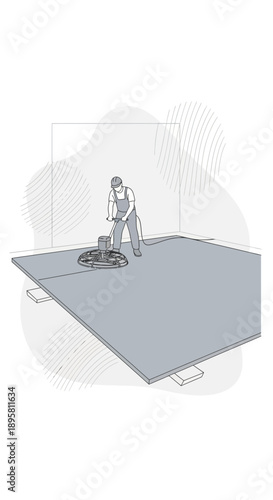 Construction Worker Polishing New Concrete Floor Surface Professionally