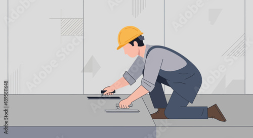 Construction Worker Applying Plaster With Trowel On Building Site