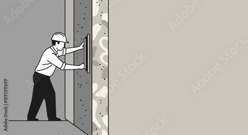 Construction Worker Applying Plaster With Trowel On Wall Surface