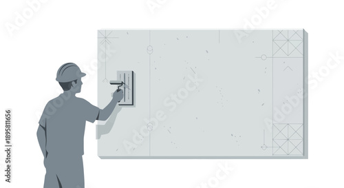 Construction Worker Applying Plaster With Trowel On Textured Wall Surface With Blueprint Grid