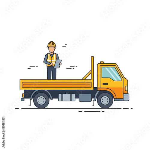 Construction Worker Inspecting Flatbed Truck For Industrial Transport Services