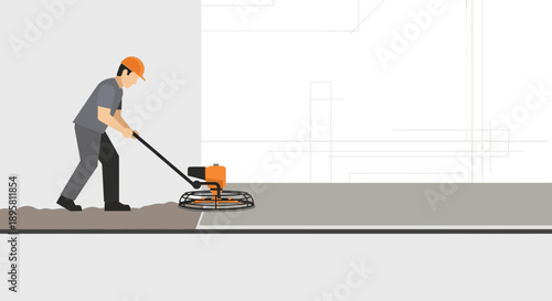 Construction Worker Smoothing Concrete With Power Trowel Machine