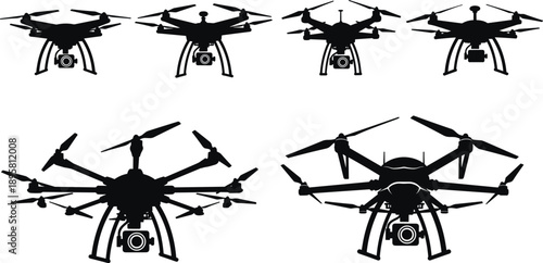 Drone silhouettes set featuring quadcopter UAV with camera flying isolated black aerial technology illustration collection modern surveillance concept