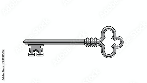Detailed illustration of an antique silver skeleton key with an ornate handle and a classic bit design on a white background.