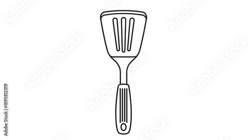 Simple outline drawing of a kitchen spatula with slots and a ribbed handle for flipping food during cooking and frying.