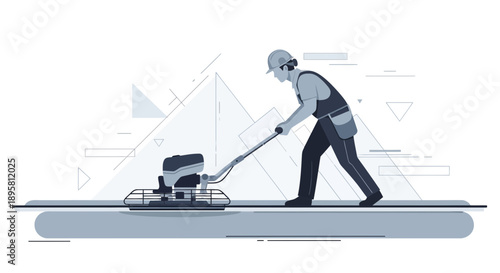 Construction Worker Smooths Concrete With Power Trowel Machine