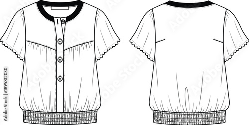 Women blouse technical flat sketch with front and back views, short ruffle sleeves, button placket, elastic hem, feminine casual top fashion design template illustration