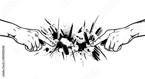 Two hands pointing fingers at each other with conflict explosion.