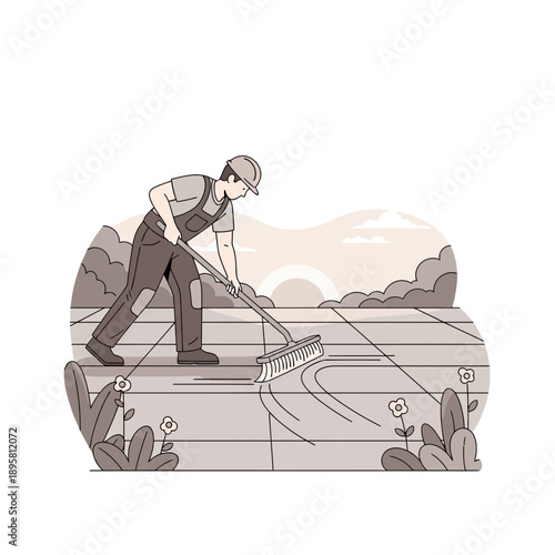 Construction Worker Sweeping Pavement Outdoors At Sunrise Artistic Illustration