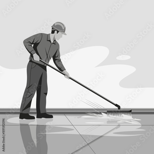 Construction Worker Sweeps Clean Pavement Surface With Broom