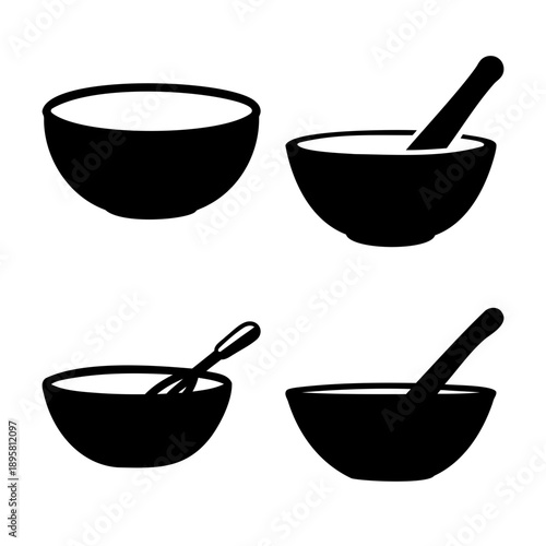 Collection of kitchen bowls and tools including mortar, pestle, and whisk in black silhouette