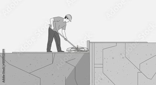 Construction Worker Troweling Fresh Concrete On Building Site