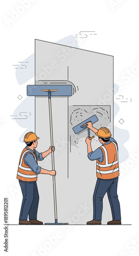 Construction Workers Applying Plaster To A Wall With Tools For A Smooth Finish