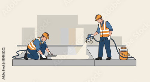 Construction Workers Applying Protective Coating To Concrete Structures