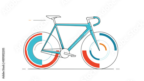 Contemporary road bicycle with a sleek blue frame and abstract colorful wheel designs depicted in a clean line art style.