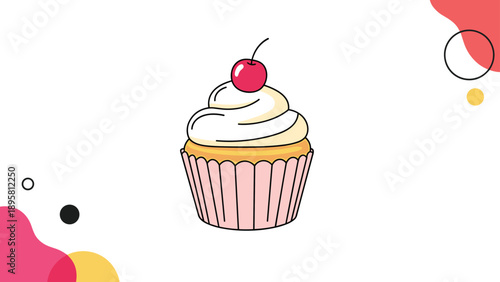 Classic vanilla cupcake with white swirl frosting and a single red cherry on top set against a playful abstract background.