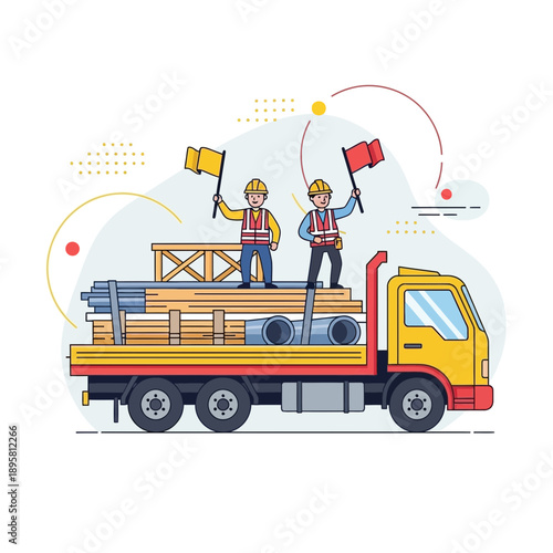 Construction Workers Delivering Materials With Flatbed Truck And Flags