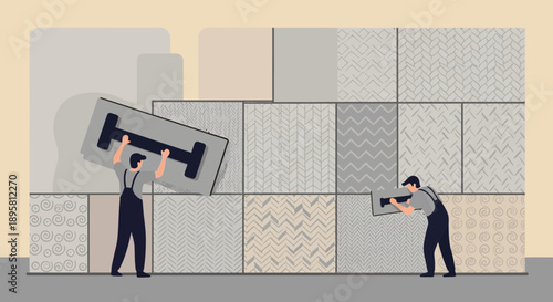 Construction Workers Installing Decorative Wall Tiles With Trowels