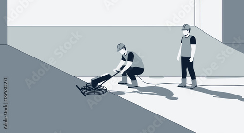 Construction Workers Finishing Concrete Floor With Power Trowel Machine