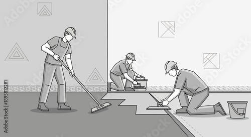 Construction Workers Laying Down Floor Tiles With Tools