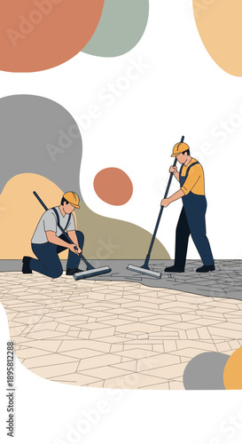 Construction Workers Laying Paving Stones With Tools Professionally