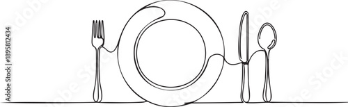 Continuous line art vector of plate, fork, and knife dinnerware set, black outline isolated on white
