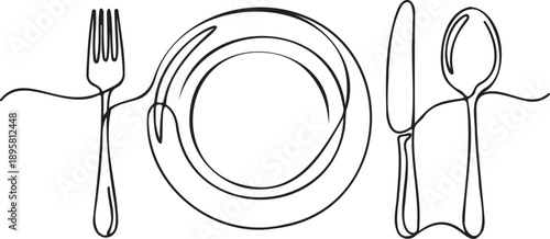 Continuous line art vector of plate, fork, knife, and spoon cutlery set, black outline isolated on white