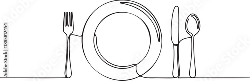 Continuous line art vector of plate, fork, knife, and spoon dinnerware set, black outline isolated on white