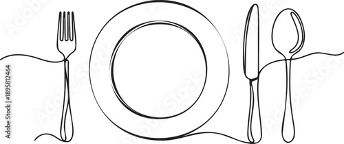 Continuous line art vector of plate, fork, knife, and spoon, black outline cutlery icon isolated on white