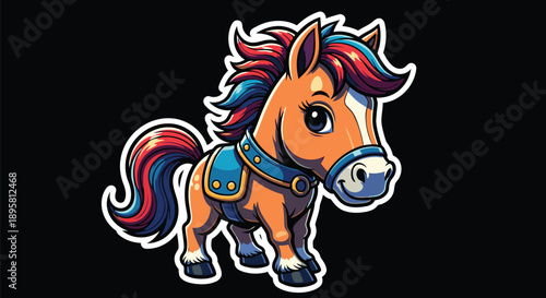 Colorful cartoon horse with rainbow mane and tail