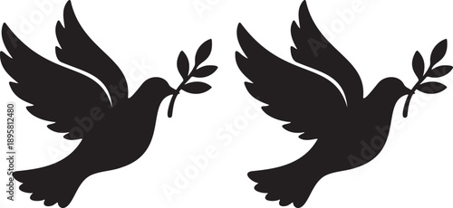 Black vector dove with olive branch silhouette, peace symbol, isolated on white