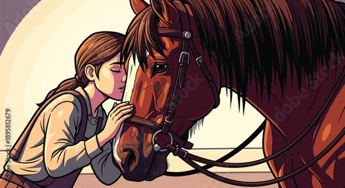 Young girl affectionately kissing and hugging a beautiful brown horse