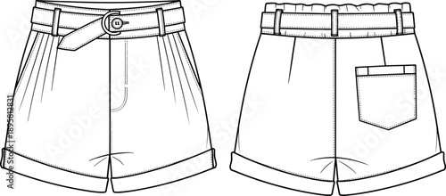 Women high waist shorts technical flat sketch showing front and back views, belted design with rolled hems and pockets, casual summer fashion apparel template illustration