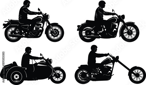 Motorcycle rider silhouettes set featuring classic bikes chopper cruiser sidecar isolated black icons vintage motorbike illustration collection