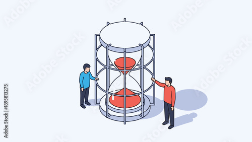 Isometric illustration of two people standing next to a massive hourglass filled with red sand on a light blue ground.