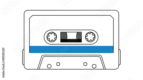 Vintage white audio cassette tape with a blue label strip and gray reels shown in a simple outline illustration.