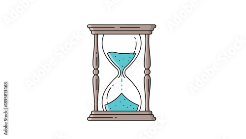 Elegant wooden hourglass with bright blue sand flowing from top to bottom shown in a clean line art illustration.
