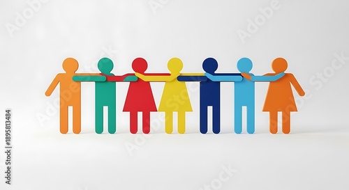 A diverse group of colorful paper cutout people standing together in unity and holding hands in a circle, symbolizing teamwork, diversity, and friendship in a simple illustration