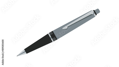 Sleek silver and black ballpoint pen with a metallic clip is angled on a white background, representing professional writing tools.