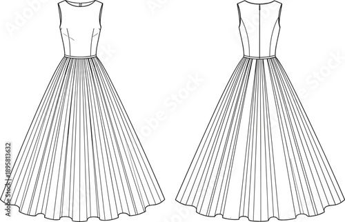 Women sleeveless maxi dress technical flat sketch showing front and back views, elegant pleated long gown silhouette, classic fashion design template illustration for apparel mockups
