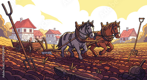 Horses plowing a field in a rural village landscape