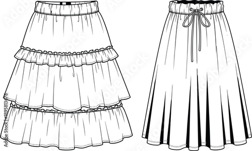 Women skirt technical flat sketch showing front and back views, tiered ruffle design and drawstring waist, feminine casual fashion template illustration for apparel mockups