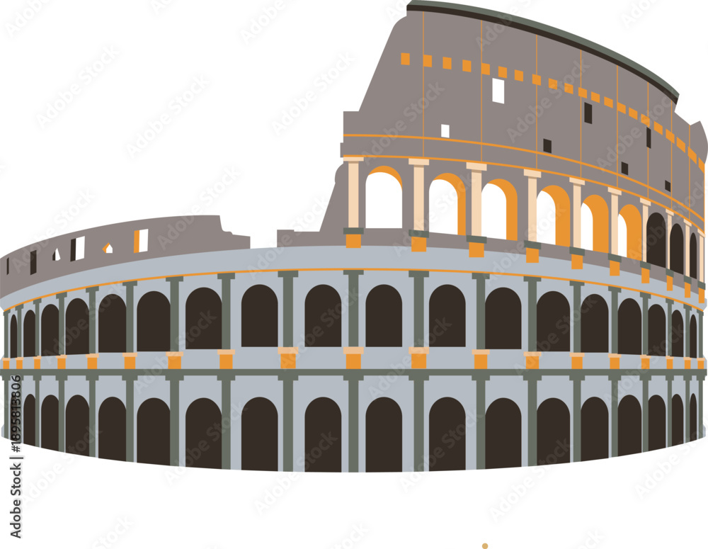 Naklejka premium Flat vector illustration of the Colosseum, the iconic ancient Roman amphitheater in Rome, Italy. Clean geometric shapes and soft muted colors with modern minimal style. Isolated on white background, s