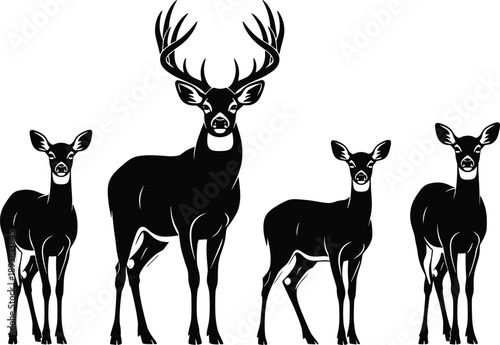 Deer family silhouette set with majestic stag and does isolated on white background vector illustration for wildlife nature design projects